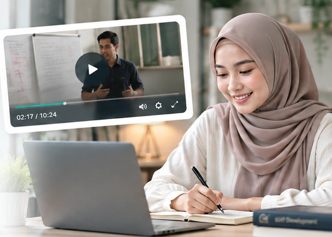 Ilustrasi peserta sedang mengikuti pelajaran video lewat laptop sambil mencatat materi